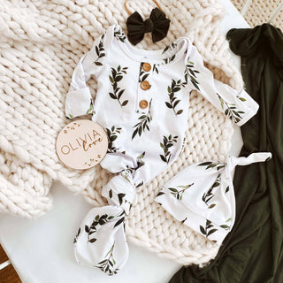 Caden Lane - Olive Leaf Newborn Baby Knot Gown & Hat Set