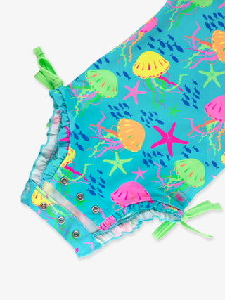 RuffleButts + RuggedButts - Baby Girls Neon Jelly Time Long Sleeve One Piece Rash Guard Swimsuit with Signature Rear Ruffles