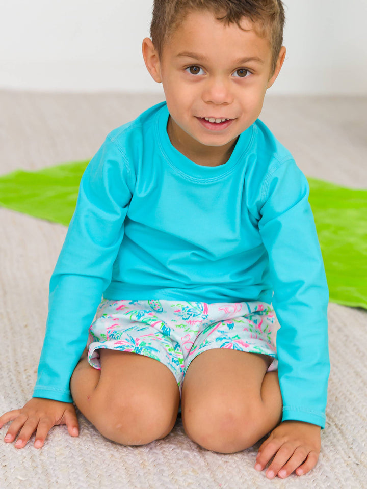 RuffleButts + RuggedButts - Boys Bright Aqua Long Sleeve Rash Guard