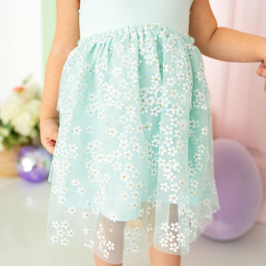 Sweet Wink - Aqua Ditsy Daisy Easter Tiered Short Sleeve Tutu Dress -Kids