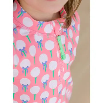 RuffleButts + RuggedButts - Girls Pink Tee Time Long Sleeve Zipper Rash Guard 2 Piece