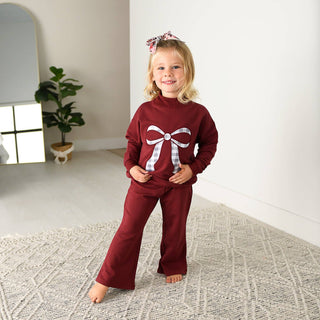 Gigi and Max - Maroon MOCKNECK FLARE SWEATSUIT Gingham Bow Kids Set