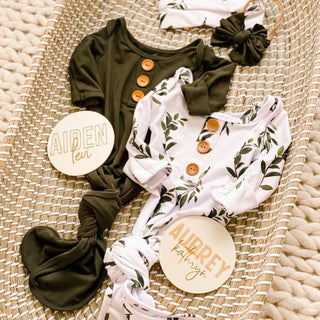 Caden Lane - Olive Leaf Newborn Baby Knot Gown & Hat Set