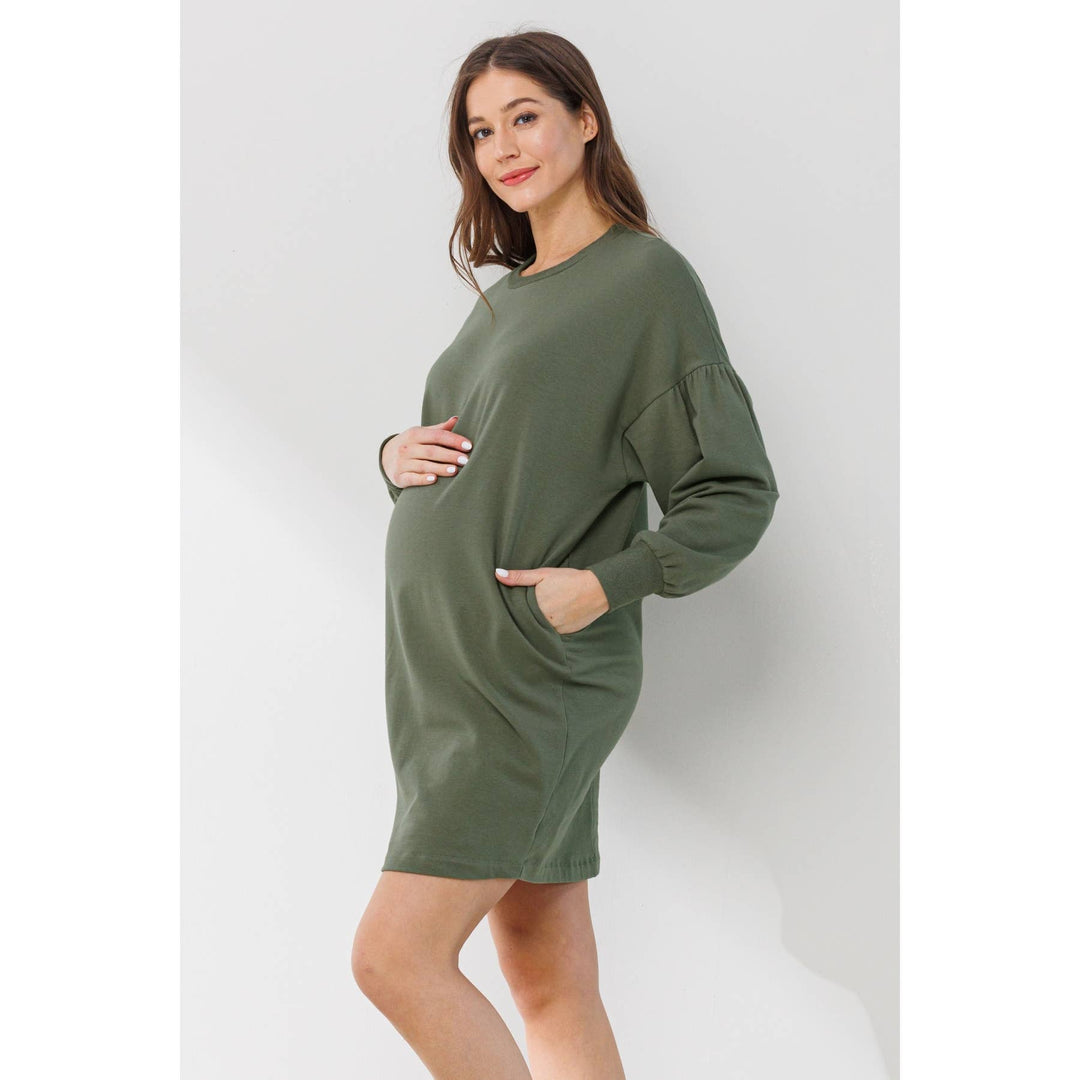 Hello Miz - Crew Neck Maternity Sweater Dress with Pockets