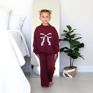 Gigi and Max - Maroon MOCKNECK FLARE SWEATSUIT Gingham Bow Kids Set