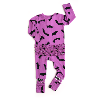 Gigi and Max - Echo Purple Bats RUFFLE ZIP Bamboo Halloween Baby Lounge Set