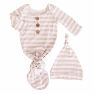 Caden Lane - Latte Stripes Bamboo Waffle Newborn Baby Knot Gown & Hat Set