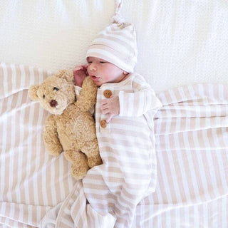 Caden Lane - Latte Stripes Bamboo Waffle Newborn Baby Knot Gown & Hat Set