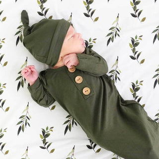 Caden Lane - Solid Olive Bamboo Baby Knot Gown & Hat