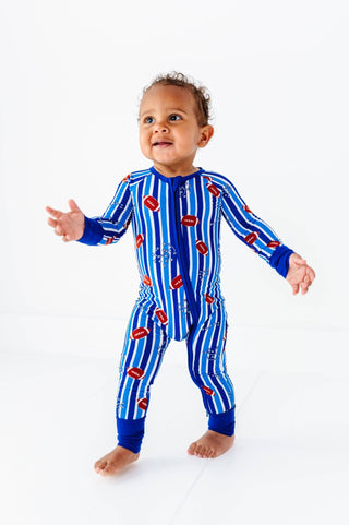 Kiki + Lulu - Kiki + Lulu Football Convertible Footie | Bamboo Baby Pajamas Blue - Classy Rascals Boutique