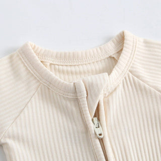 Luxie Charm - Luxie Charm - Oatmeal Ribbed Zippered Baby Romper - Classy Rascals Boutique