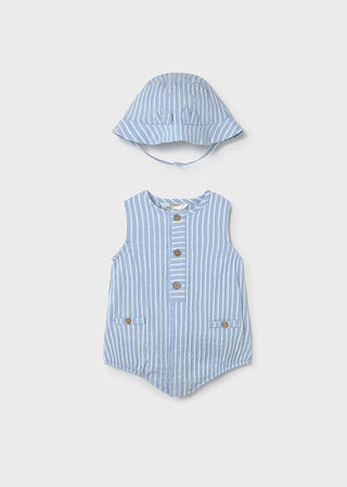 Mayoral - Mayoral Short Bodysuit w/ Hat Sky Stripe - Classy Rascals Boutique