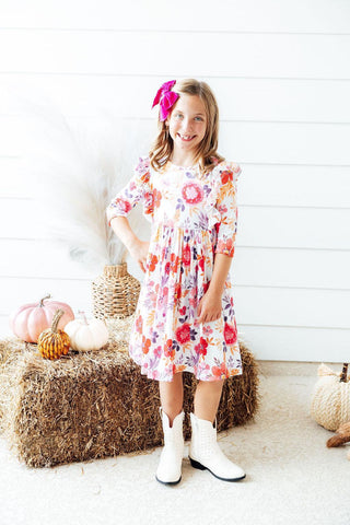 Mila & Rose - Mila & Rose Tangerine Leaves 3/4 Sleeve Ruffle Twirl Dress - Classy Rascals Boutique