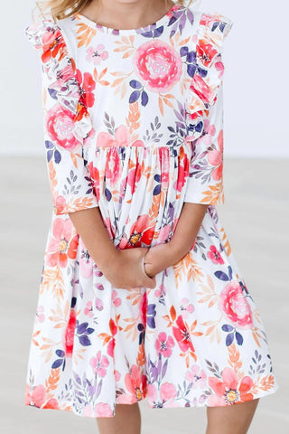Mila & Rose - Mila & Rose Tangerine Leaves 3/4 Sleeve Ruffle Twirl Dress - Classy Rascals Boutique