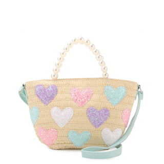 OMG Accessories - OMG Accessories - Glitter Hearts Straw Pearl Handle Tote Bag - Classy Rascals Boutique