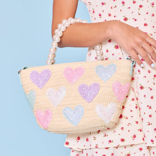 OMG Accessories - OMG Accessories - Glitter Hearts Straw Pearl Handle Tote Bag - Classy Rascals Boutique