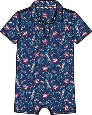 RuffleButts + RuggedButts - RuffleButts + RuggedButts - Baby Boys Red White & Boom Fireworks Performance Polo Romper - Classy Rascals Boutique