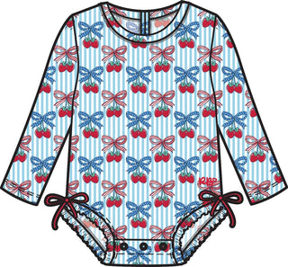RuffleButts + RuggedButts - RuffleButts + RuggedButts - Baby Girls Berries & Bows Long Sleeve One Piece Rash Guard Swimsuit with Signature Rear Ruffles - Classy Rascals Boutique