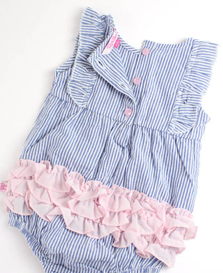 RuffleButts + RuggedButts - RuffleButts + RuggedButts - Baby Girls Blue Seersucker Classic Ruffle Bubble Romper - Classy Rascals Boutique