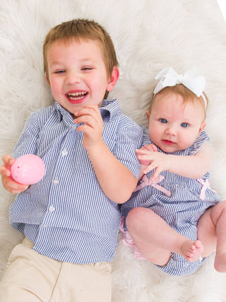 RuffleButts + RuggedButts - RuffleButts + RuggedButts - Baby Girls Blue Seersucker Classic Ruffle Bubble Romper - Classy Rascals Boutique