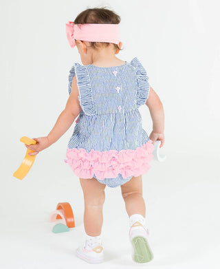RuffleButts + RuggedButts - RuffleButts + RuggedButts - Baby Girls Blue Seersucker Classic Ruffle Bubble Romper - Classy Rascals Boutique