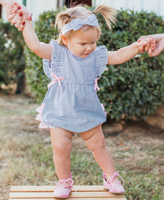 RuffleButts + RuggedButts - RuffleButts + RuggedButts - Baby Girls Blue Seersucker Classic Ruffle Bubble Romper - Classy Rascals Boutique