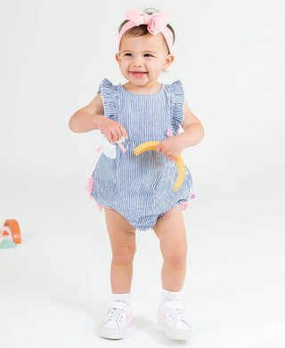 RuffleButts + RuggedButts - RuffleButts + RuggedButts - Baby Girls Blue Seersucker Classic Ruffle Bubble Romper - Classy Rascals Boutique