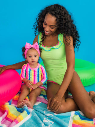 RuffleButts + RuggedButts - RuffleButts + RuggedButts - Baby Girls Neon Rainbow Stripe Long Sleeve One Piece Rash Guard Swimsuit with Signature Rear Ruffles - Classy Rascals Boutique