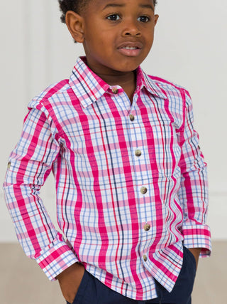 RuffleButts + RuggedButts - RuffleButts + RuggedButts - Boys Adley Plaid Long Sleeve Button Down Shirt - Classy Rascals Boutique