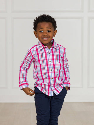 RuffleButts + RuggedButts - RuffleButts + RuggedButts - Boys Adley Plaid Long Sleeve Button Down Shirt - Classy Rascals Boutique