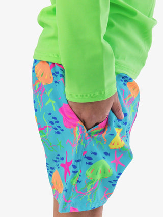 RuffleButts + RuggedButts - RuffleButts + RuggedButts - Boys Neon Jelly Time Performance Hybrid Swim Trunks - Classy Rascals Boutique