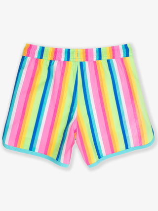 RuffleButts + RuggedButts - RuffleButts + RuggedButts - Boys Neon Rainbow Stripe Performance Hybrid Dolphin Hem Swim Trunks - Classy Rascals Boutique