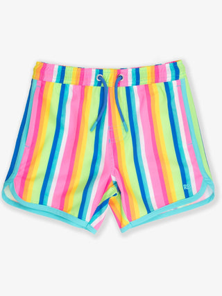 RuffleButts + RuggedButts - RuffleButts + RuggedButts - Boys Neon Rainbow Stripe Performance Hybrid Dolphin Hem Swim Trunks - Classy Rascals Boutique