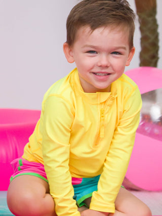 RuffleButts + RuggedButts - RuffleButts + RuggedButts - Boys Neon Yellow Long Sleeve Zipper Rash Guard - Classy Rascals Boutique