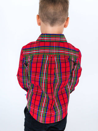 RuffleButts + RuggedButts - RuffleButts + RuggedButts - Boys Red Nicholas Plaid Long Sleeve Button Down Shirt - Classy Rascals Boutique