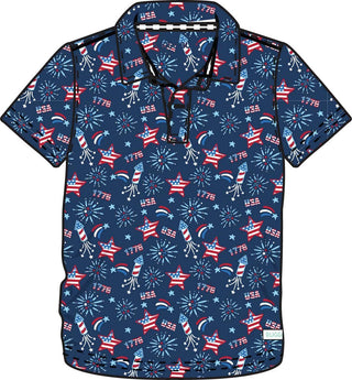 RuffleButts + RuggedButts - RuffleButts + RuggedButts - Boys Red White & Boom Fireworks Knit Short Sleeve Performance Polo - Classy Rascals Boutique