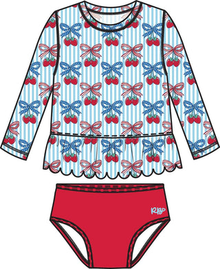 RuffleButts + RuggedButts - RuffleButts + RuggedButts - Girls Berries & Bows Scallop Hem Long Sleeve Rash Guard 2 - Piece Swimsuit with Signature Rear Ruffles - Classy Rascals Boutique