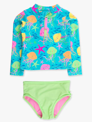 RuffleButts + RuggedButts - RuffleButts + RuggedButts - Girls Neon Jelly Time Long Sleeve Zipper Rash Guard 2 - Piece Swimsuit with Signature Rear Ruffles - Classy Rascals Boutique