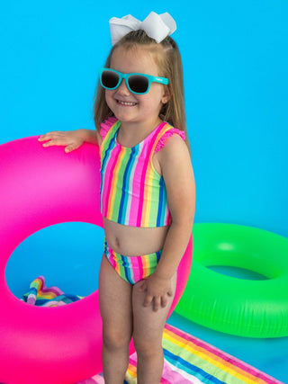 RuffleButts + RuggedButts - RuffleButts + RuggedButts - Girls Neon Rainbow Stripe Racerback Flutter Tankini 2 - Piece Swimsuit - Classy Rascals Boutique