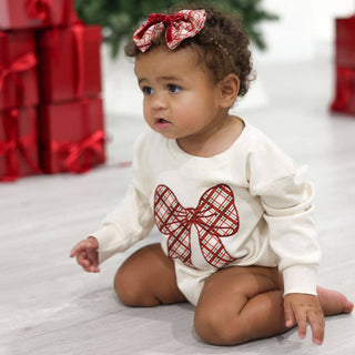Sweet Wink - Sweet Wink - Christmas Plaid Bow Patch Long Sleeve Romper - Baby Clothing - Classy Rascals Boutique