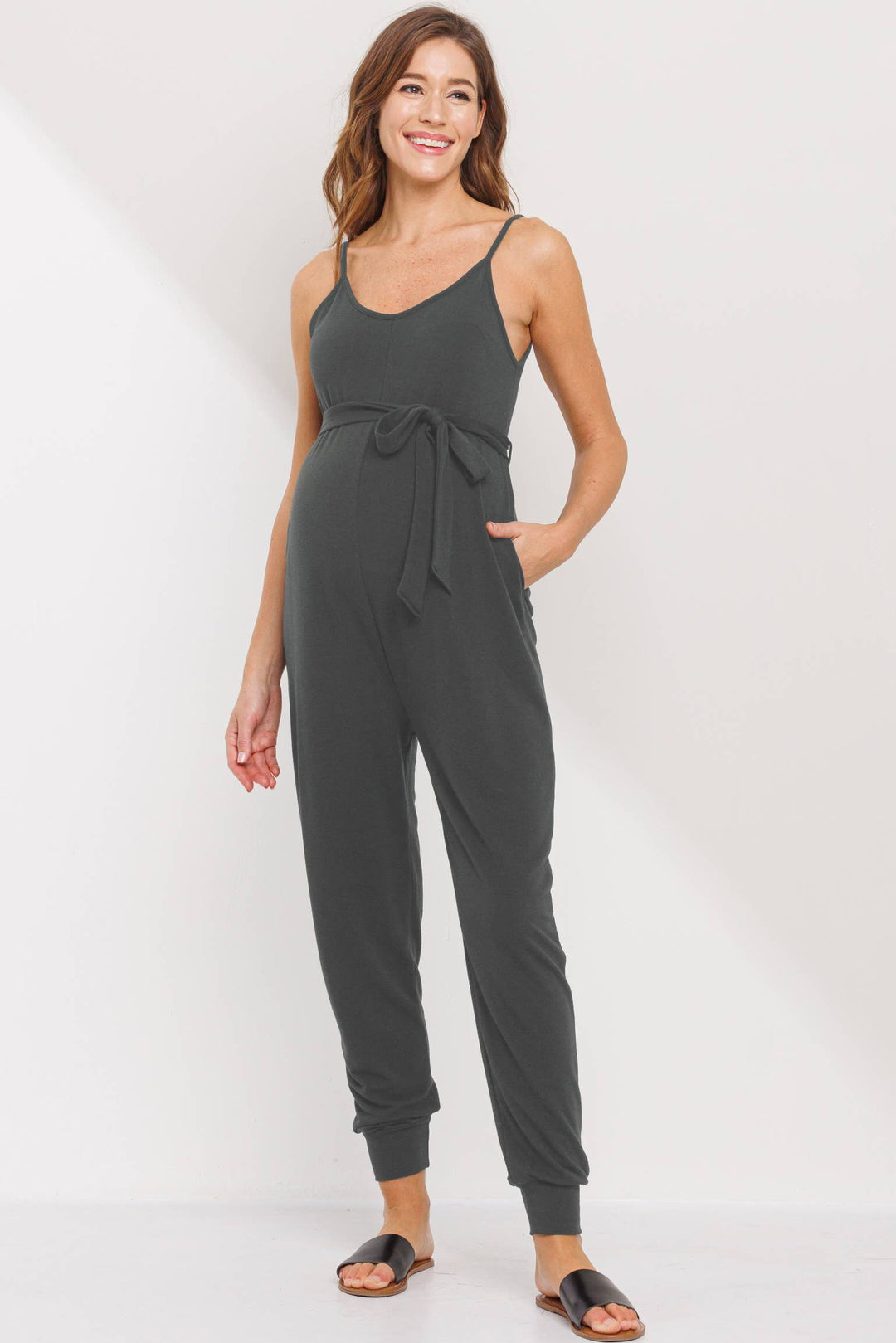 Hello Miz - Solid Belted Maternity Cami Jogger Jumpsuit