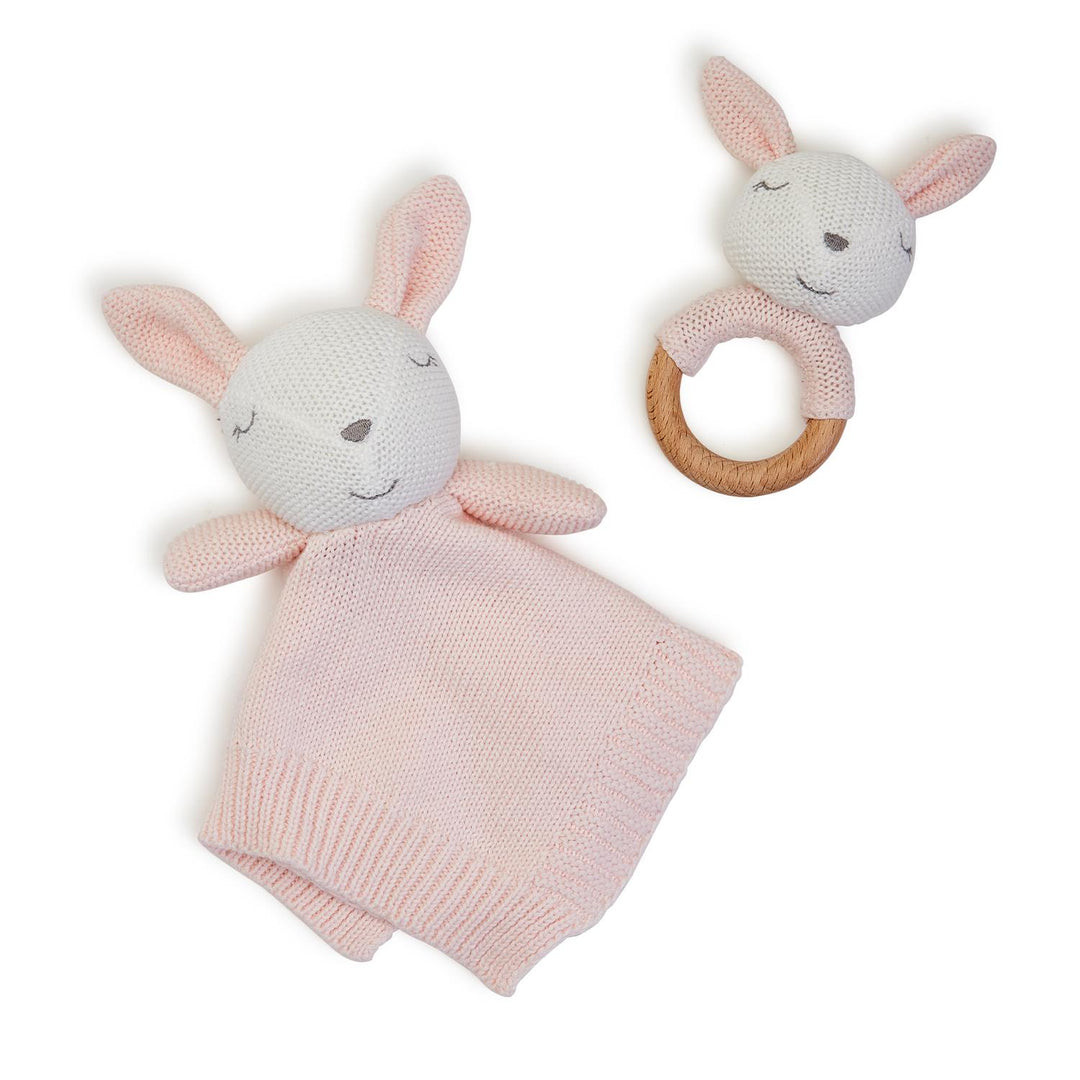 Two’s Company Knitted Baby Bunny Snuggle and Rattle Set
