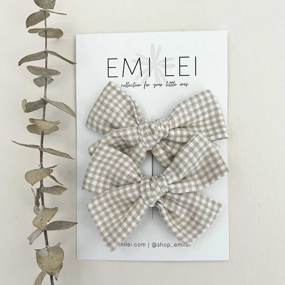 Emi Lei - Pigtail Bow Clip Set - Taupe Mini Check