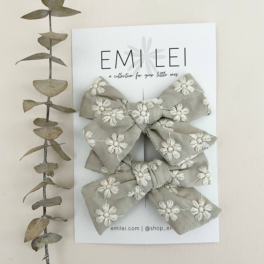 Emi Lei - Pigtail Bow Clip Set - Embroidered Sage