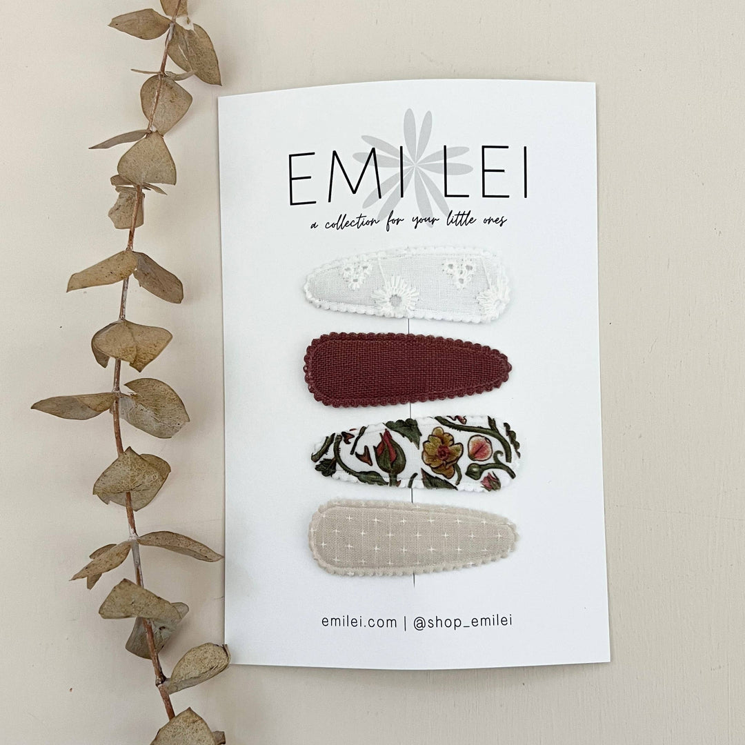 Emi Lei - Fabric Hair Clip Snap Barrettes (4) - Cranberry Tan Floral