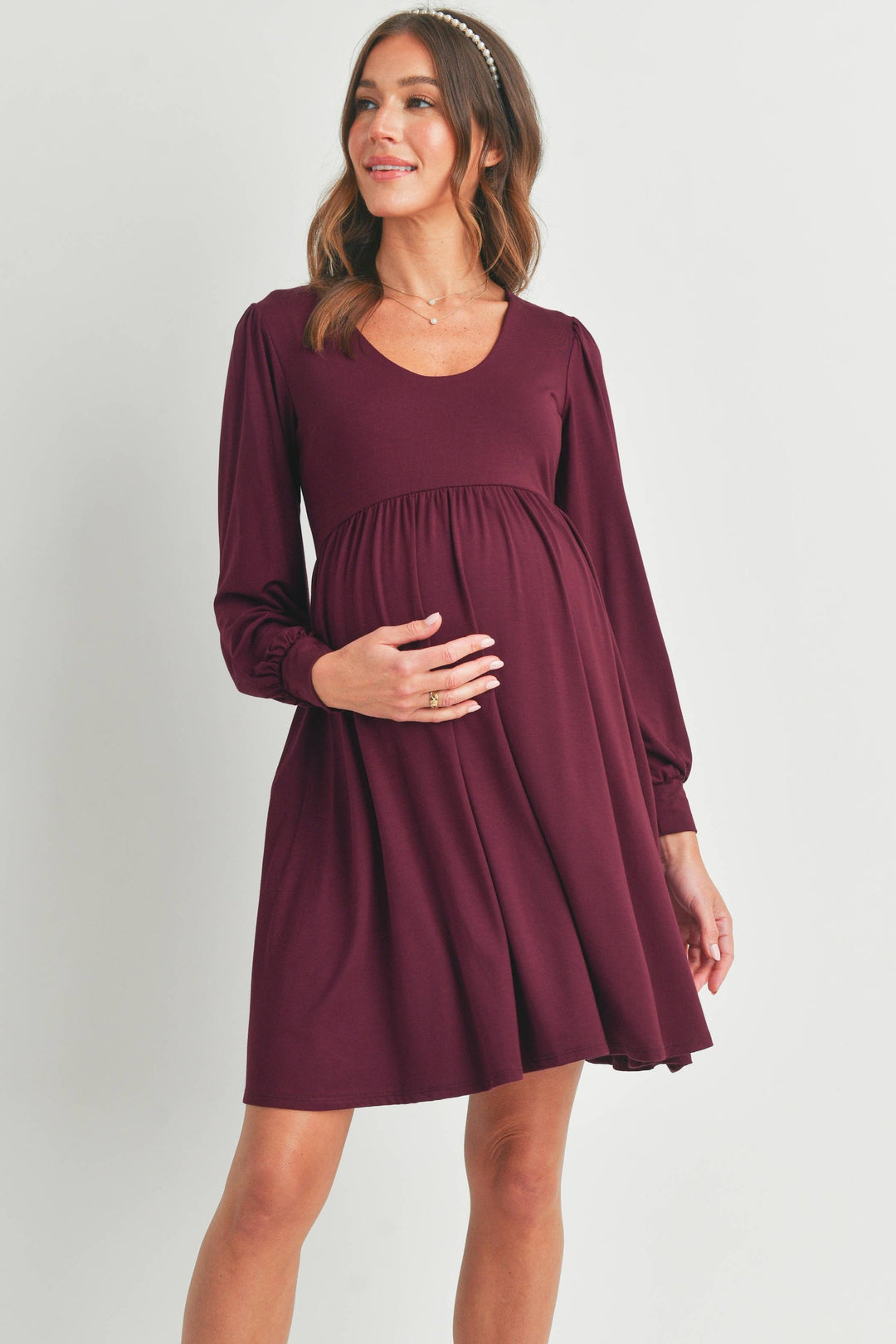 Hello Miz - U Neck Puff Sleeve Maternity Dress with Pocket Burgundy