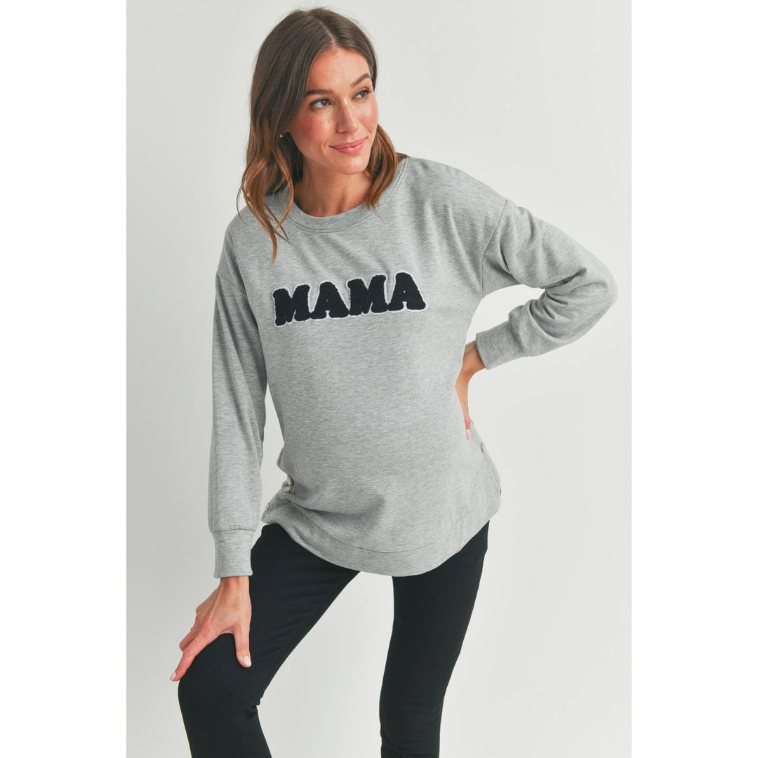 Hello Miz - Crewneck Maternity Sweatshirt with Mama Patch Heather Grey