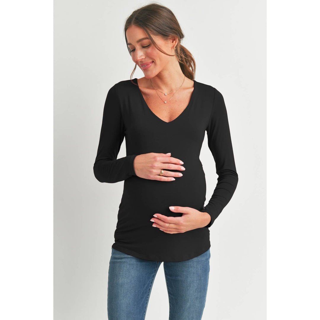 Hello Miz - Deep V Neck Rayon Modal Maternity Top Black